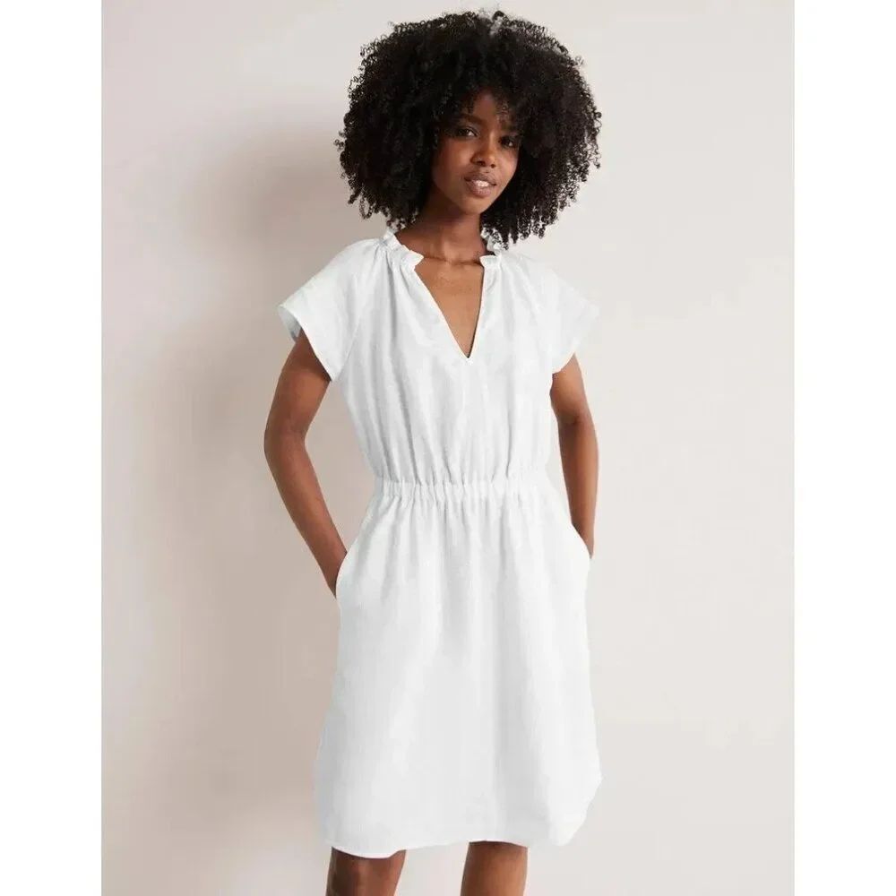 Boden Womens Dress UK 16R US 12R White Short Sleeve Linen Knee Length D0252 NWT